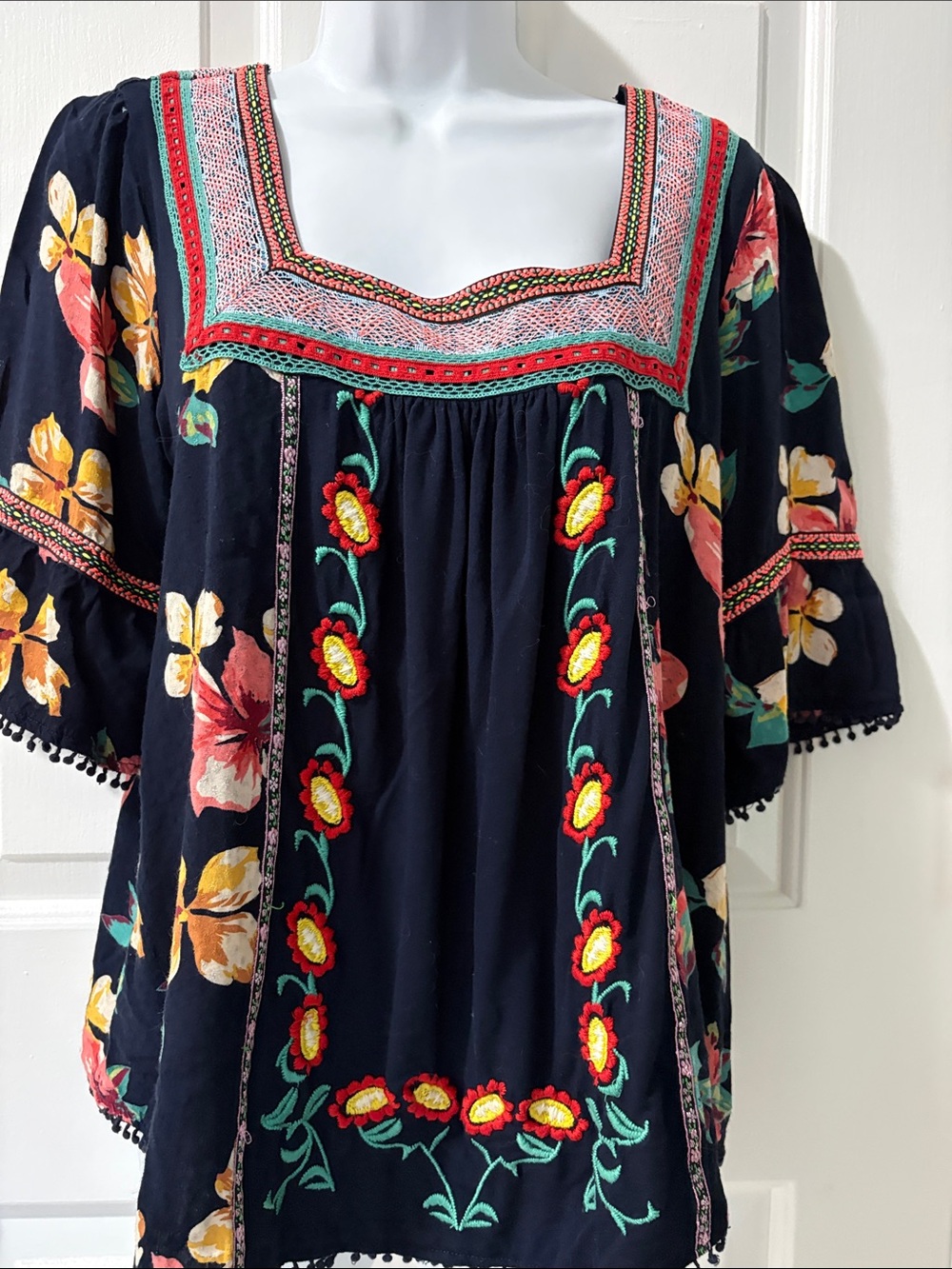 Anthropologie Navy Floral Embroidered Square-Yoke Tunic